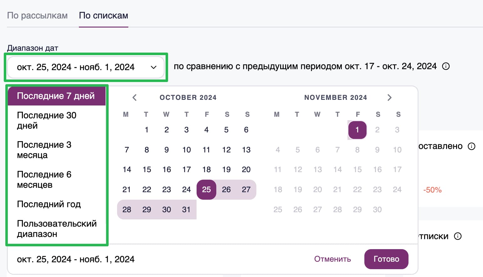 Как настроить период отображения аналитики.