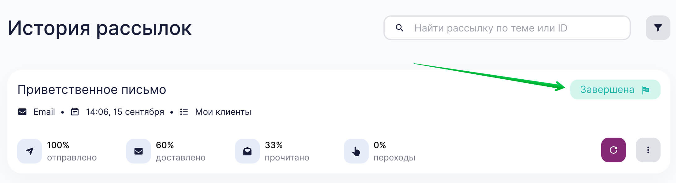 Статус рассылки «Завершена».