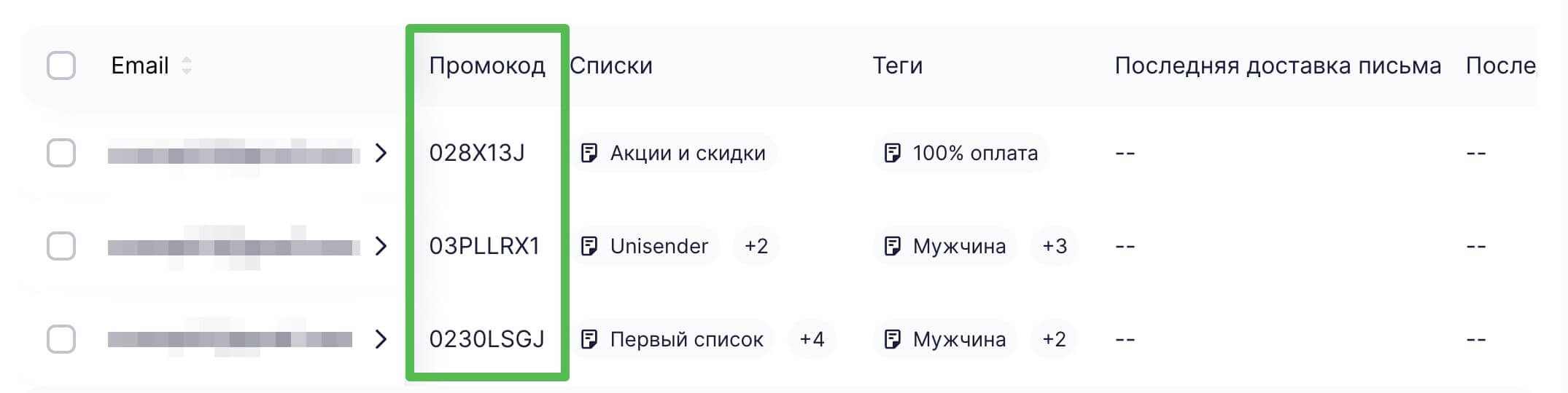 Список контактов с заполненным полем «Промокод».