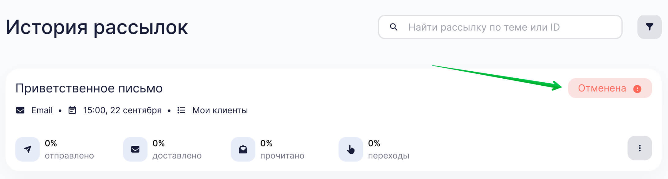 Статус рассылки «Отменена».