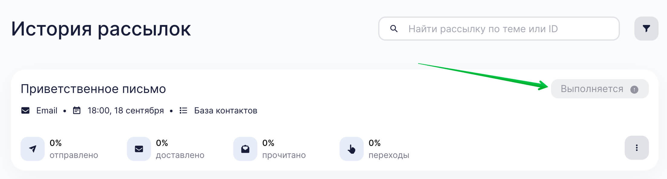 Статус рассылки «Выполняется».