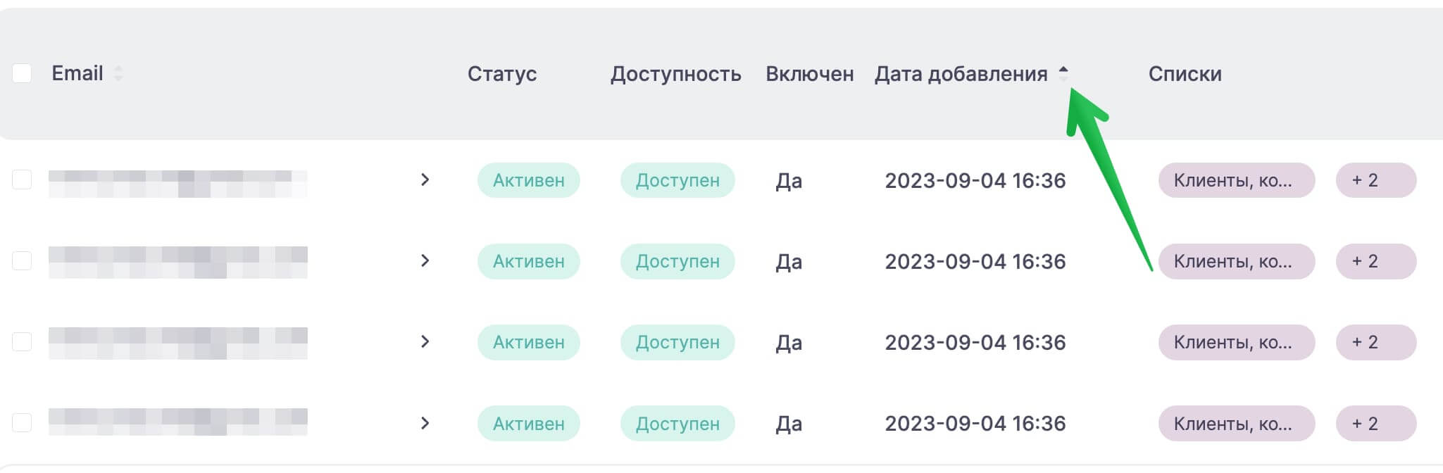 Сортировка контактов по дате добавления на странице определенного списка.