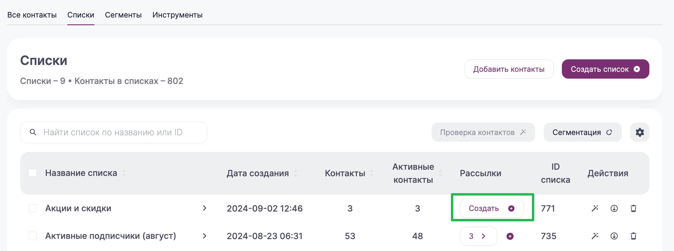 Как создать рассылку из раздела «Контакты» — «Списки».