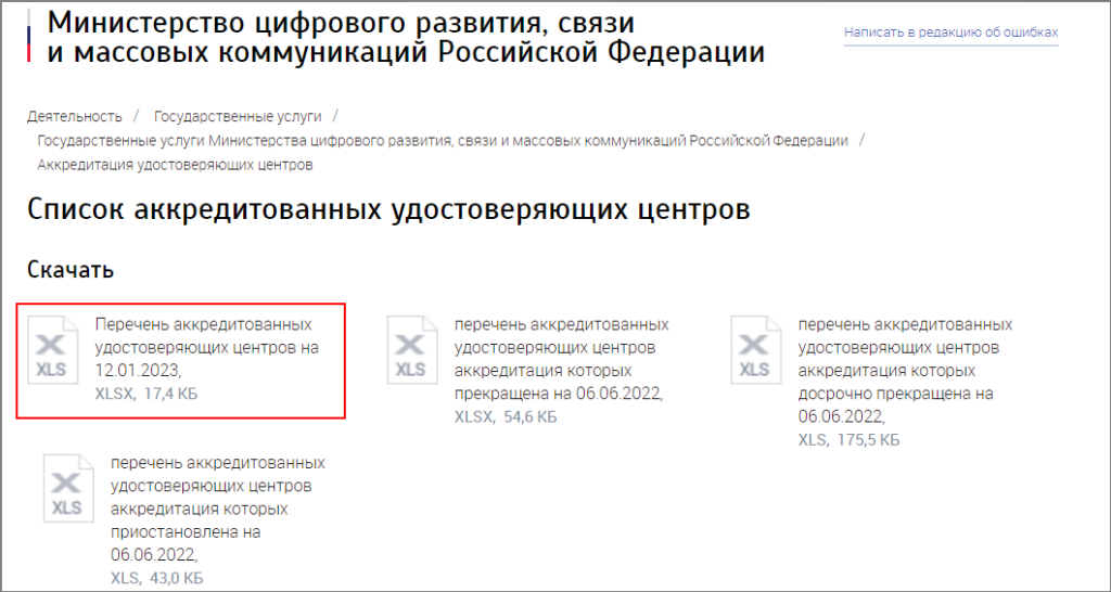 Перечень аккредитованных удостоверяющих центров …