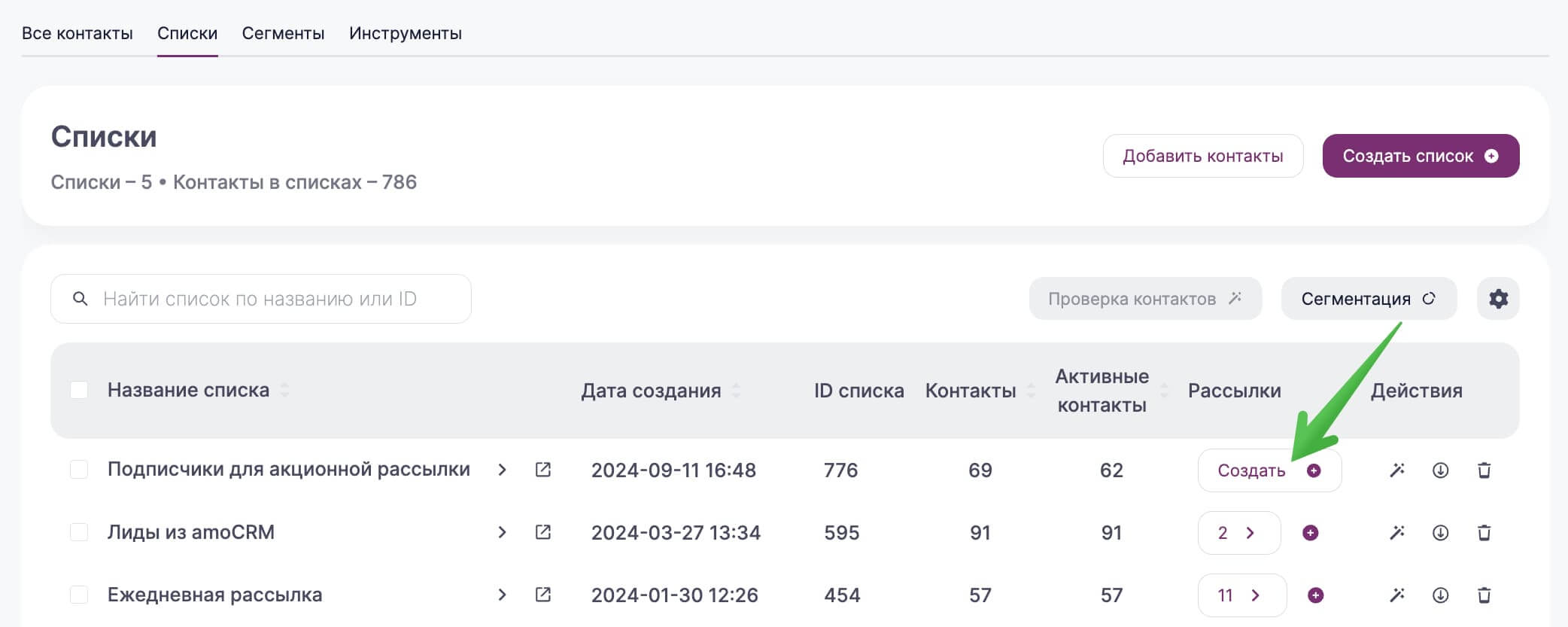 Как создать рассылку на конкретный список в разделе «Контакты» — «Списки».