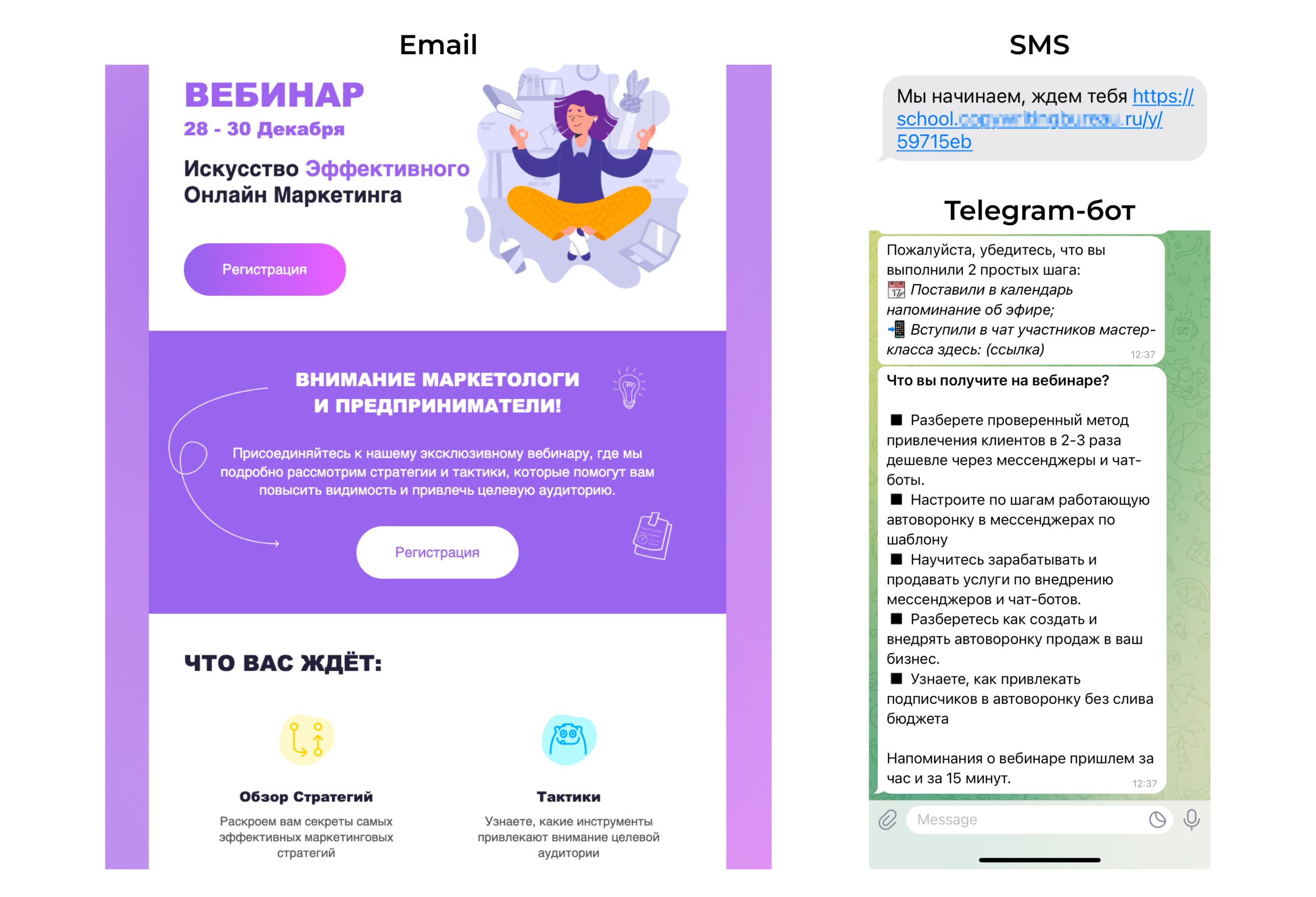 Пример коммуникации через email, SMS и чат-ботов. 