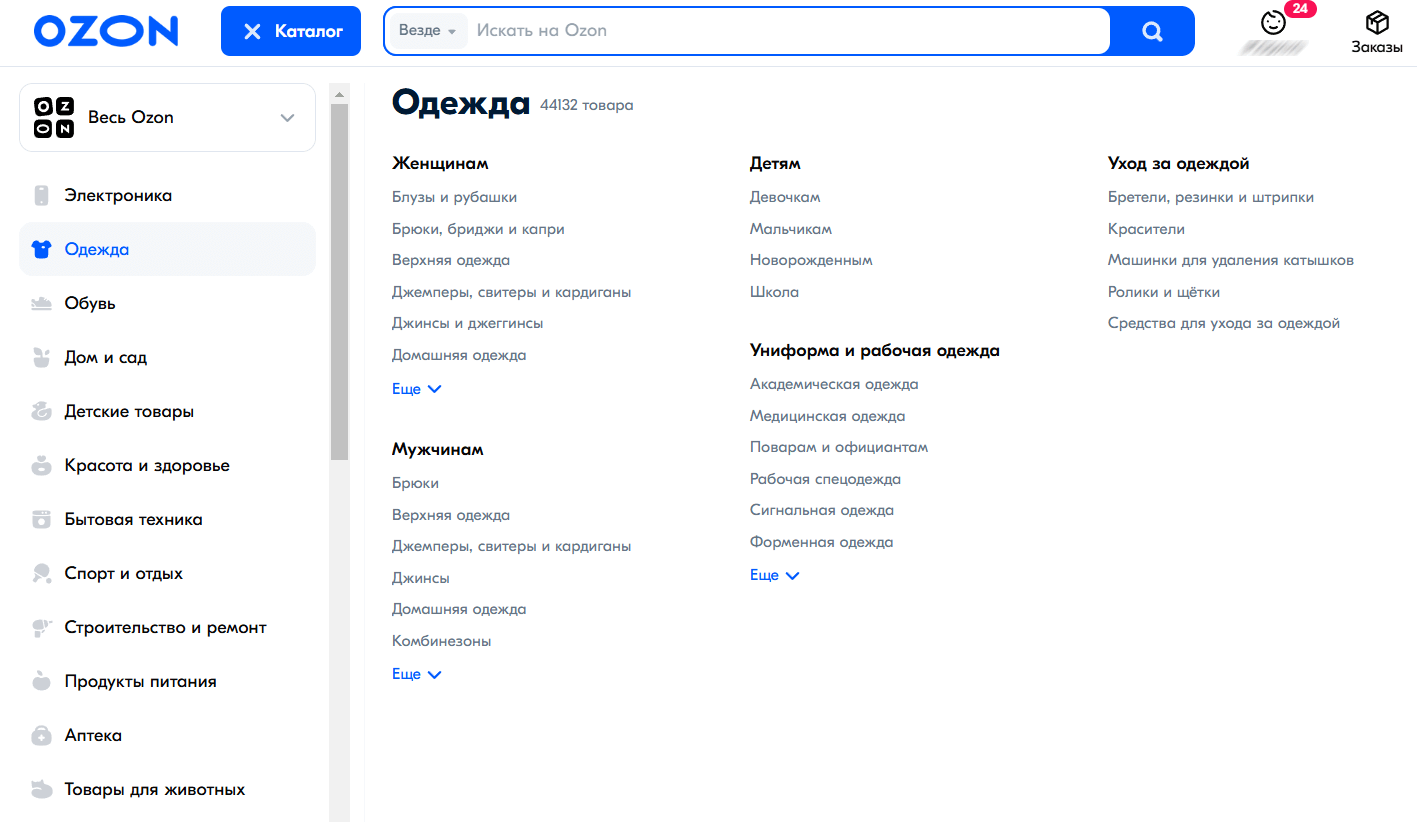 Категории товаров на сайте Ozon